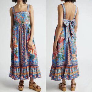 FARM Rio Blue Stitched Floral Garden Tiered Maxi Dress Low Back Women’s Size XL